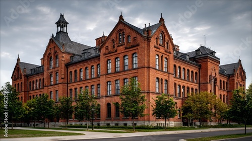 Historic Brick School Building with Classic Architecture and Large Windows in Educational Campus Setting