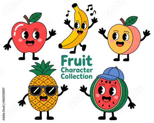 Cheerful Fruit Friends: A vibrant collection of animated fruit characters exuding joy and personality, each with their own unique expression and charm.