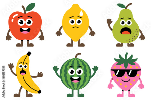 Fruit Characters with Expressions: A delightful collection of animated fruits, each bursting with unique expressions, ready to bring joy and whimsy to any creative project.