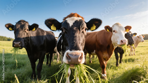 Group of cows eating fresh green grass on a sunny pasture under a blue sky. Close-up view of curious grazing cattle.