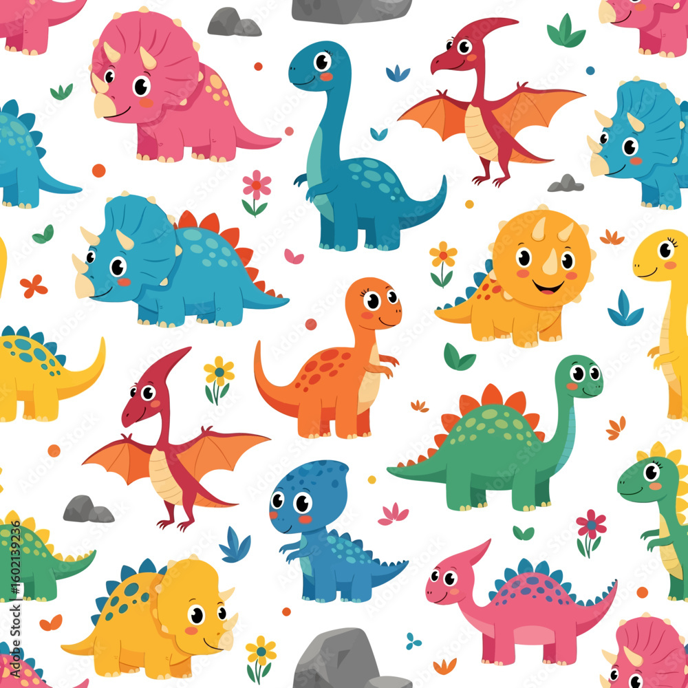 Fototapeta premium Adobe Illustrator artwork seamless pattern of cute cartoon dinosaurs including Triceratops, Pterodactyl, and long-necked varieties, with flowers and leaves. Ideal for children's products