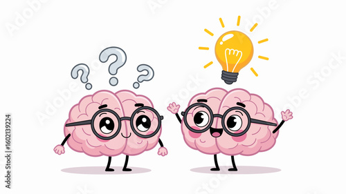 Brainstorming Brilliance: An engaging illustration of two cartoon brains, one pondering questions while the other illuminates a light bulb idea.