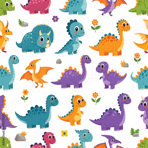 Adobe Illustrator artwork seamless pattern of cute cartoon dinosaurs including Triceratops, Pterodactyl, and long-necked varieties, with flowers and leaves. Ideal for children's products