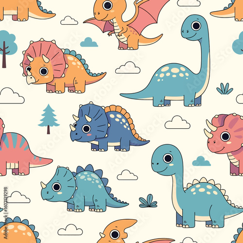 Adobe Illustrator artwork seamless pattern of cute cartoon dinosaurs including Triceratops, Pterodactyl, and long-necked varieties, with flowers and leaves. Ideal for children's products