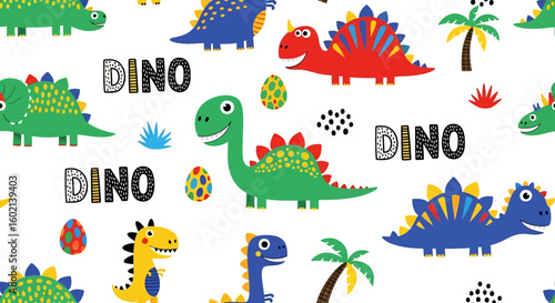 Adobe Illustrator artwork seamless pattern of cute cartoon dinosaurs like Stegosaurus and Brachiosaurus, with "DINO" text, hearts, and arrows. Ideal for children's textiles and decor