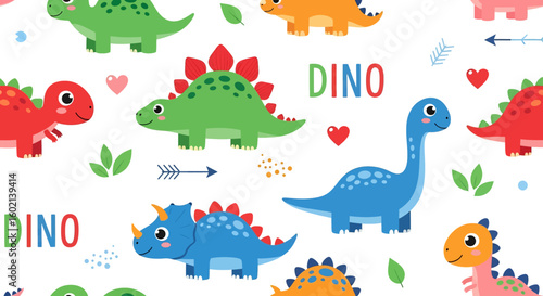 Adobe Illustrator artwork seamless pattern of cute cartoon dinosaurs like Stegosaurus and Brachiosaurus, with "DINO" text, hearts, and arrows. Ideal for children's textiles and decor