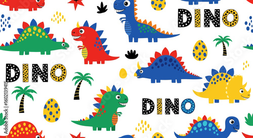 Adobe Illustrator artwork seamless pattern of cute cartoon dinosaurs like Stegosaurus and Brachiosaurus, with "DINO" text, hearts, and arrows. Ideal for children's textiles and decor