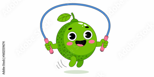 Energetic Lime Enjoying Jump Rope: A vibrant cartoon illustration depicts a cheerful lime character joyfully skipping rope. With big eyes, a smile, and a lively jump.