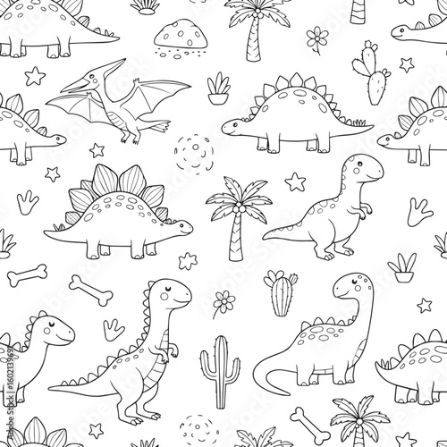 Adobe Illustrator artwork seamless black white pattern of cute cartoon dinosaurs, including Triceratops and Brachiosaurus, with bones, palm trees, and cactuses. Perfect for kids' designs and textiles