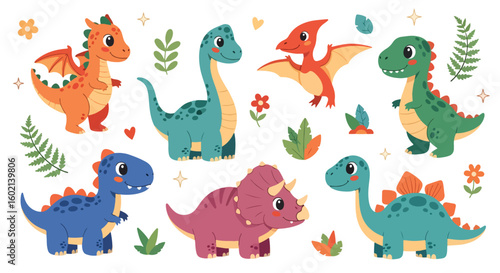 Adobe Illustrator artwork of a set of cute cartoon dinosaurs including a Pterodactyl, Triceratops, Brachiosaurus, and others, with eggs and bones. Perfect for children's designs