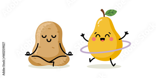 Wholesome Wellbeing: Animated pear twirling a hula hoop, a potato in a cross-legged meditative pose. capturing a mood of fun, well-being, balance and health