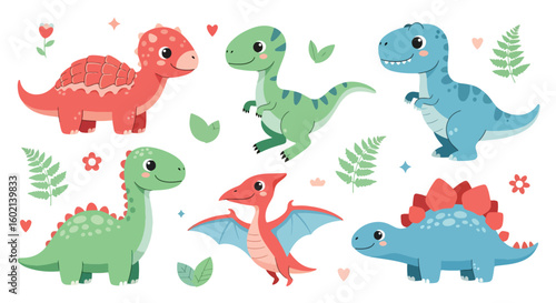 Adobe Illustrator artwork of a set of cute cartoon dinosaurs including a Pterodactyl, Triceratops, Brachiosaurus, and others, with eggs and bones. Perfect for children's designs