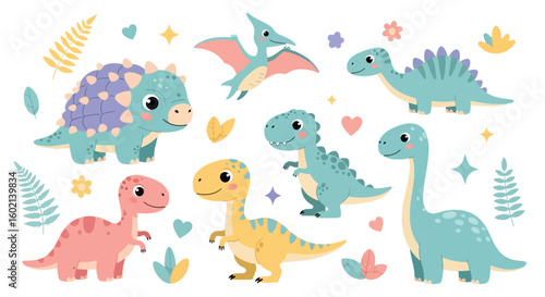 Adobe Illustrator artwork of a set of cute cartoon dinosaurs including a Pterodactyl, Triceratops, Brachiosaurus, and others, with eggs and bones. Perfect for children's designs