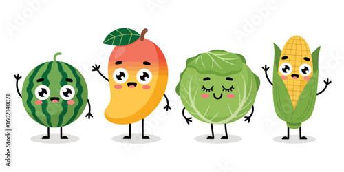 Friendly Harvest: A cheerful ensemble of animated watermelon, mango, cabbage, and corn characters embody the essence of fresh and joyful.