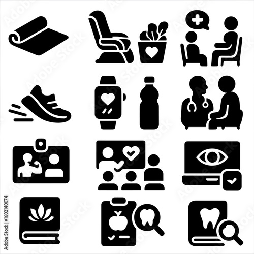 Gym pass tracker vector wellness online icons eye seminar chair health icon