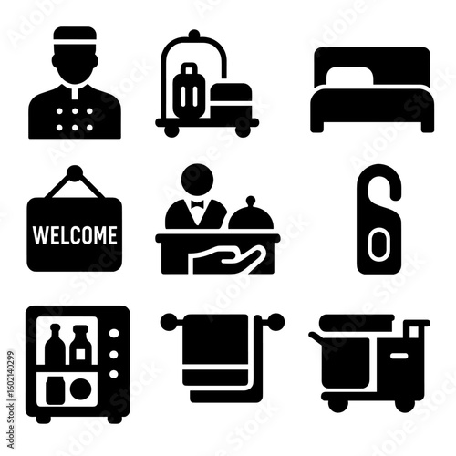 Icons cart towel room desk housekeeping icon vector hotel service rack concierge
