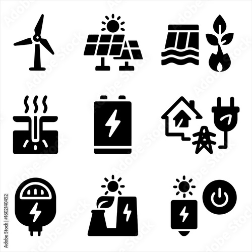 Icons dam energy farm icon solar vector power renewable green inverter hydroelectric