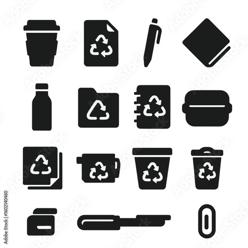Container pen paper eco zero bin paperclip icon reusable waste office vector