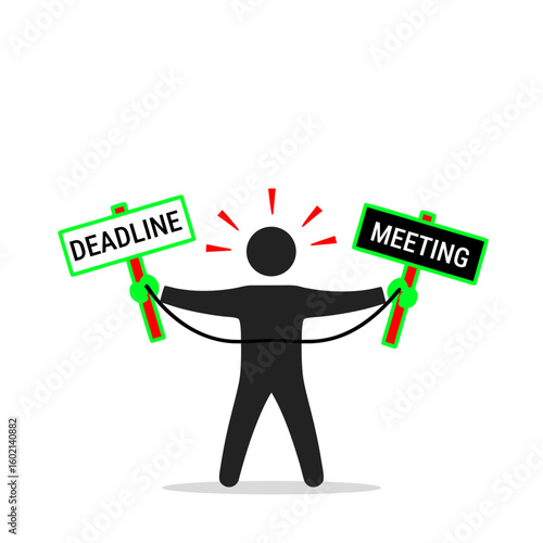 A metaphor for work overload and multitasking. The figure of a man whose limbs are pulled in different directions by signs with inscriptions, symbolizing stress and exhaustion from numerous demands.