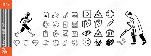 Minimalist Black & White Line Art Icon Set — Medical, Time Management & Fitness Symbols
