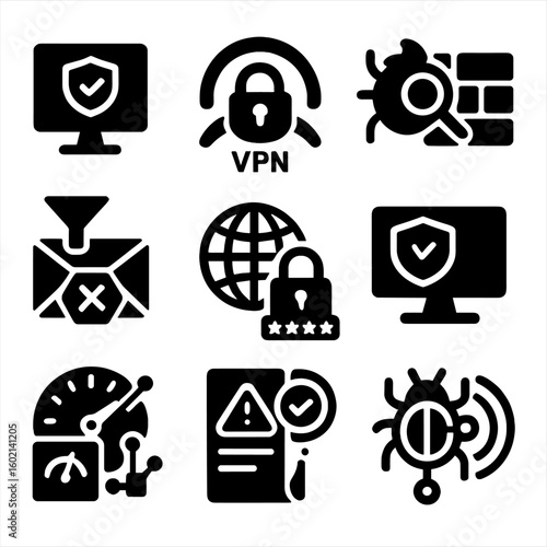 Dashboard firewall cybersecurity password vector threat manager set software icon security scanner