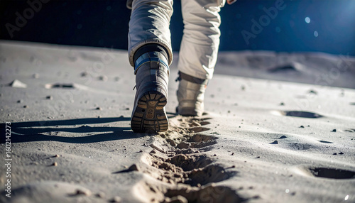Lunar Footprints: A pioneering astronaut leaves an indelible trail on the moon's dusty surface, an evocative visual testament to exploration and human ambition.