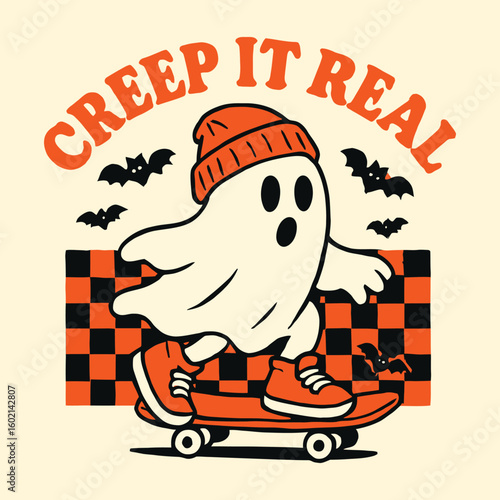 Ghost riding skateboard with bats halloween orange