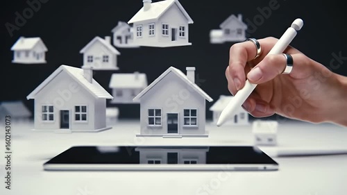 Wallpaper Mural Conceptual Real Estate Visualization with Floating White Houses and Digital Tablet on Gray Background with Person Hand Holding Digital Pencil Torontodigital.ca
