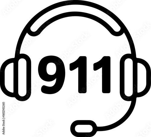 Icon of headphones with microphone displaying the number 911 for emergency services