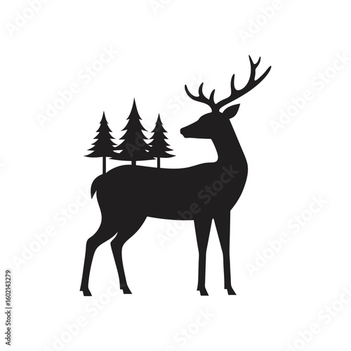 silhouette of a deer with pine trees and forest sc vector art