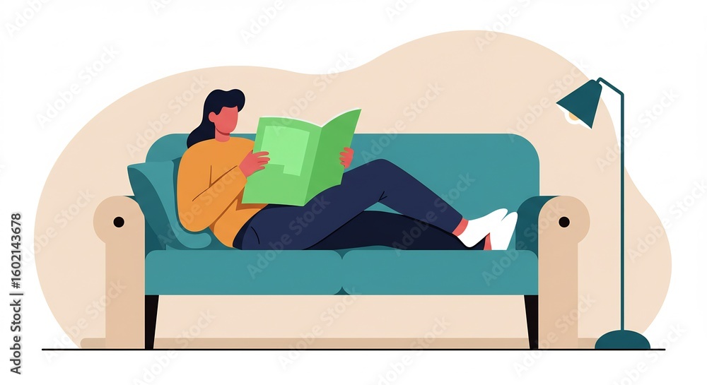Fototapeta premium Woman Reading Book Lying on Sofa Relaxing at Home
