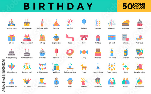Birthday icons set with birthday party, birthday cake, birthday candle, party hat, confetti, balloons, streamers, fireworks, cake slice, cupcake icon. Simple flat color vector 
