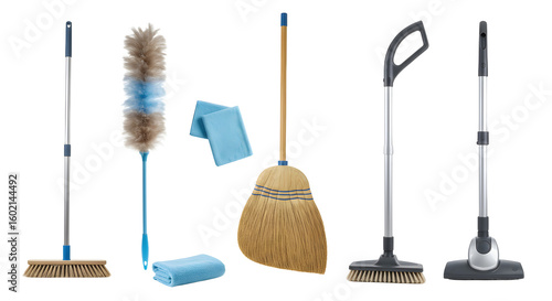Wallpaper Mural A collection of cleaning tools including a broom, dustpan, and duster, arranged neatly on a white background for promotional use Torontodigital.ca