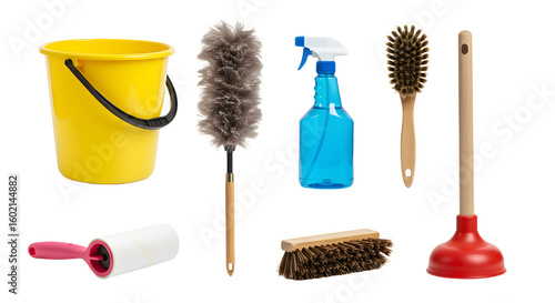 Wallpaper Mural A collection of cleaning tools including a yellow bucket, dusters, spray bottle, and brushes, arranged for home cleaning tasks Torontodigital.ca