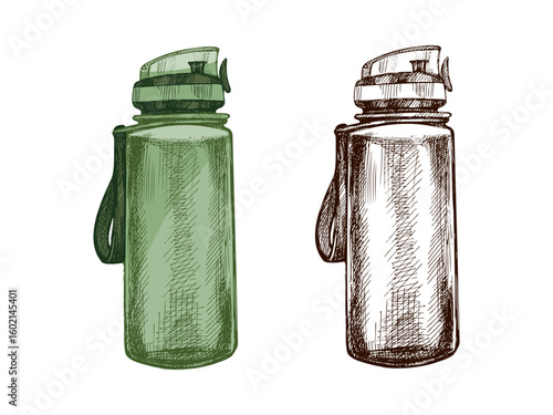 Hand drawn vintage sketch of reusable sports water bottle with flip top cap in green and monochrome version