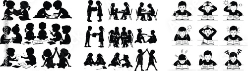 Children Doing Homework Silhouette – Study Time Icon Vector Set Kids Focused on Homework – Educational Silhouette Illustration Pack