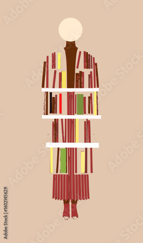 Abstract figure with books as clothing and shelves on a tan background in minimalist style art