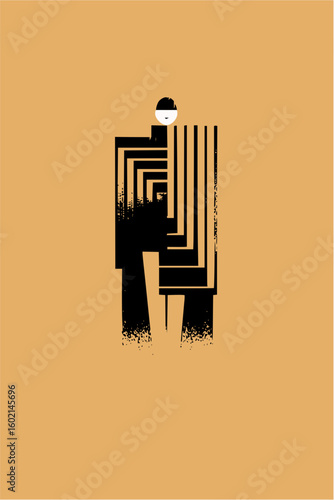 Abstract figure with geometric shapes and distressed texture on a tan colored background