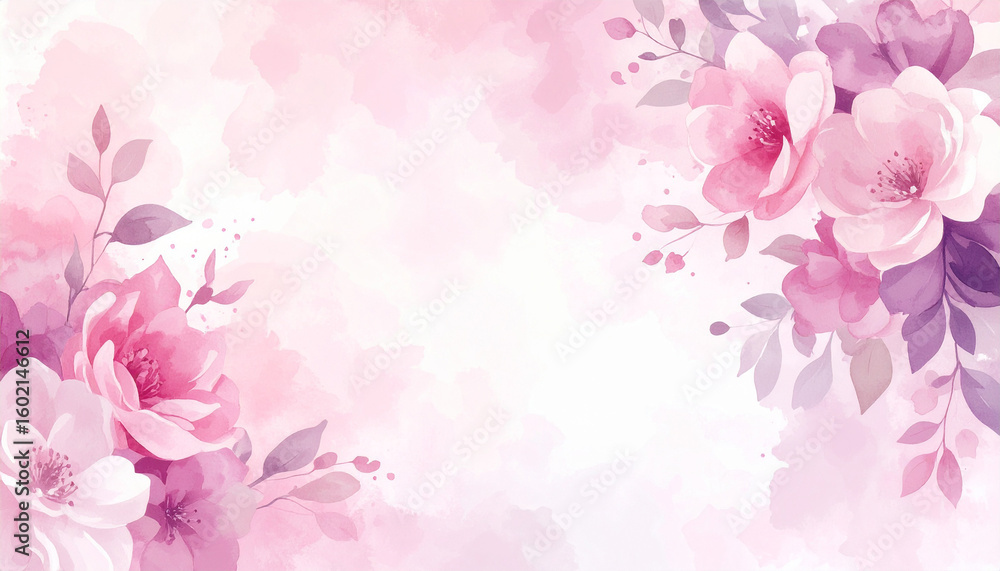 Obraz premium Floral Elegance: An elegant watercolor design of pink flowers and foliage, evokes feelings of serenity and grace. Delicate petals, soft hues, and a gentle wash of color create a sense of tranquility.