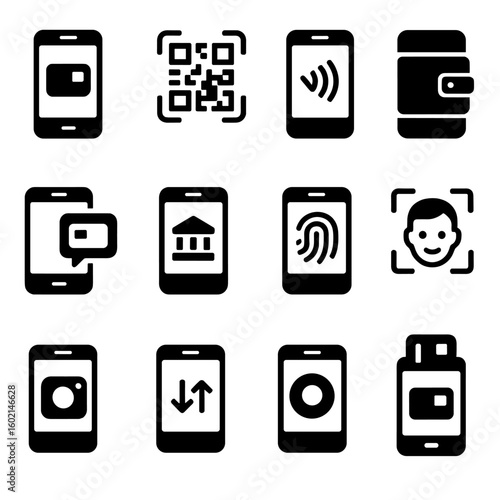 Qr fingerprint notification icons symbol recognition payment vector banking icon mobile balance