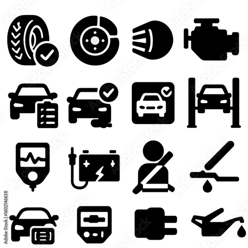 Vehicle inspection icon test vector battery icons engine seatbelt headlight tire oil