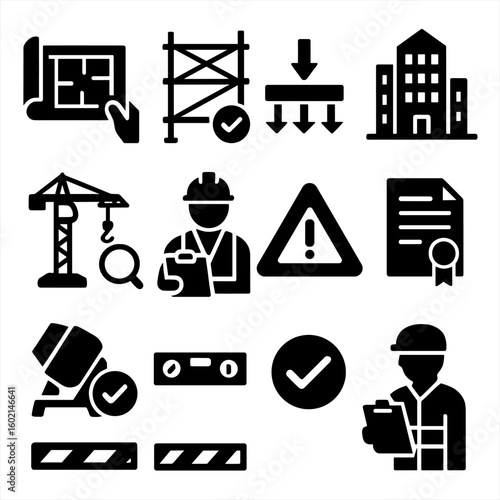 Building site test permit icon set compliance construction check blueprint load vector
