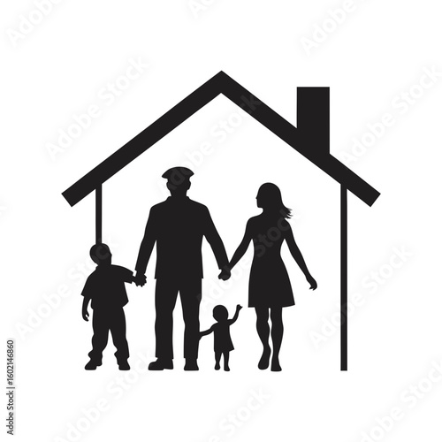 silhouette of a family welcoming a soldier home art vector