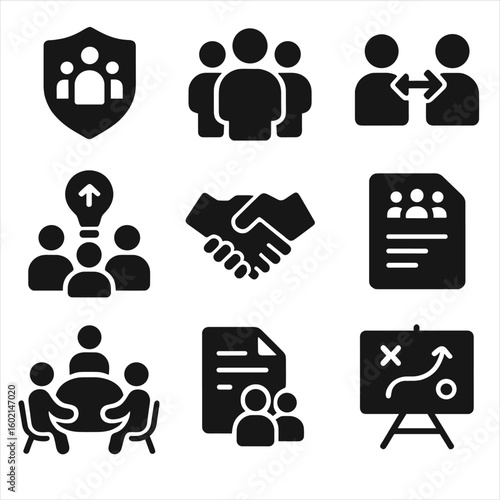 Communication project icon vector teamwork group plan tool handshake task set