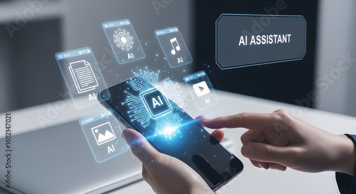 A person's hand interacting with a smartphone screen featuring an AI ASSISTANT interface and various AI-powered application icons like documents, music, and video