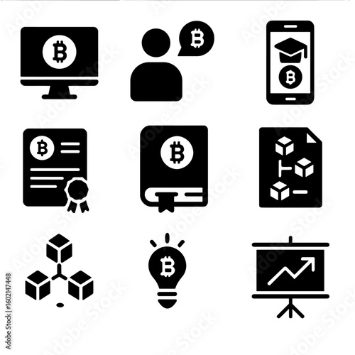 Blockchain education learning app vector glossary course icons tutorial guide icon crypto