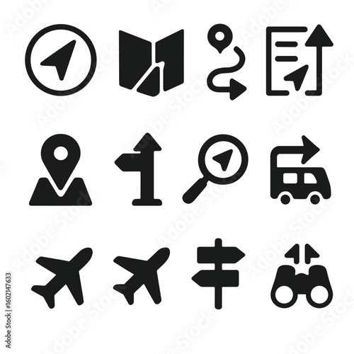 Guide icons compass arrow map itinerary departure icon sightseeing travel vector explore