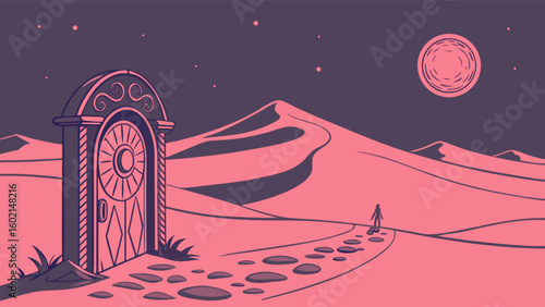 Fantasy desert landscape with portal vector illustration for adventure game design and background art