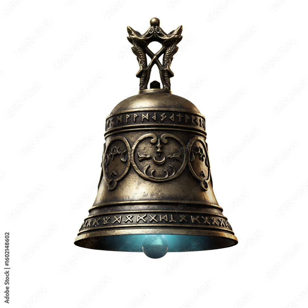 Ornate Bronze Bell with Intricate Carvings and Blue Orb Ornate Bronze Bell with Intricate Carvings and Blue Orb