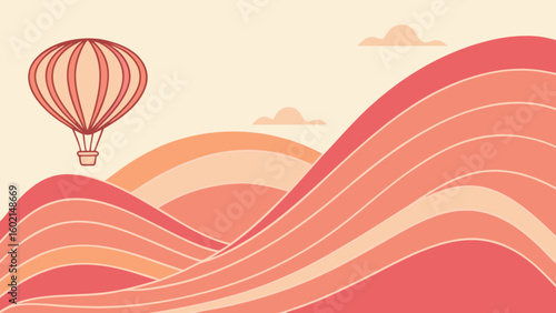 Hot air balloon ride over scenic landscape vector illustration travel adventure vacation journey destination graphic